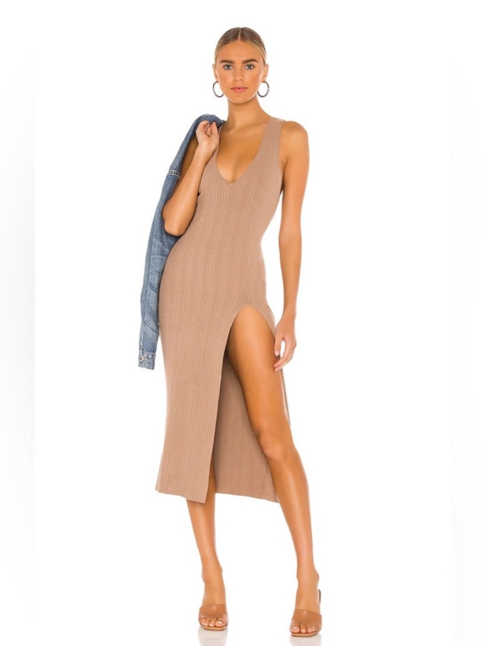 NEW Michael Costello x Revolve Variegated Rib Bodycon Dress Taupe Size Large NWT